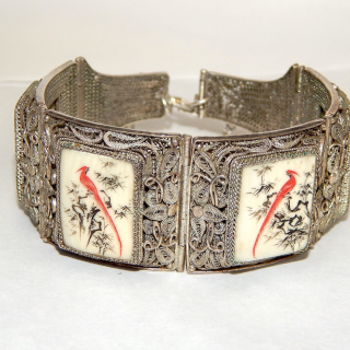 Filigree Silver and Ivory Vintage Bracelet