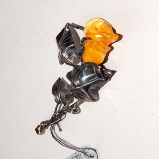 Sterling Silver and Amber Rose Brooch