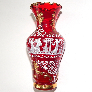 Italian Glass Red glass vase with Greek Figures