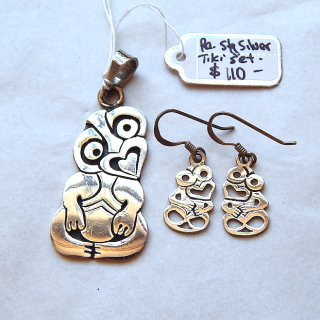 Sterling Silver Tiki Pendant and Earrings