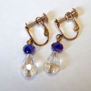 Pretty Clear and Sapphire Blue Crystal Clip-Screw On Earrings
