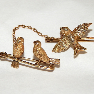 Antique PAIR of GOLD Double Bird Broochs