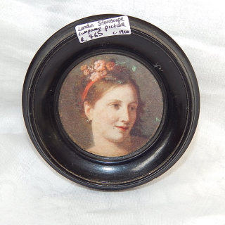 Antique 11cm round picture, Lady with flowers