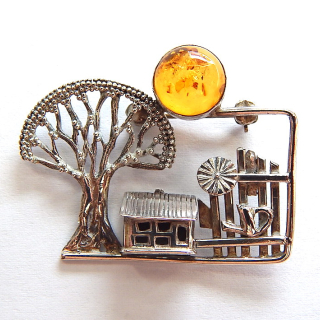 Sterling Silver and Amber Cottage Garden Brooch