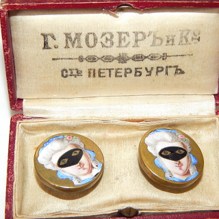 Pair of very RARE Antique Masquerade Enamel Georgian buttons with the original box