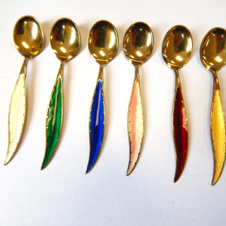 Set of 6 Gold Plated Sterling Silver and Enamel Coffee Spoons