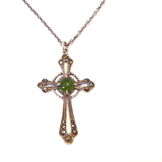 Sterling Silver Cross Pendant with Greenstone and Marcasites
