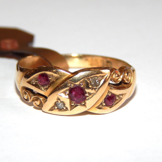 Antique English 18ct Gold crossover Ruby and Diamond Ring