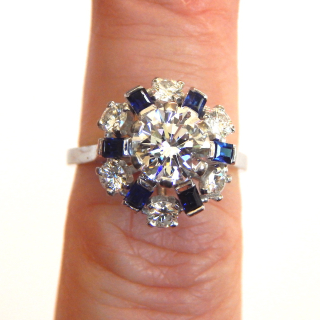 1.52 Carat center Diamond and Sapphire Ring