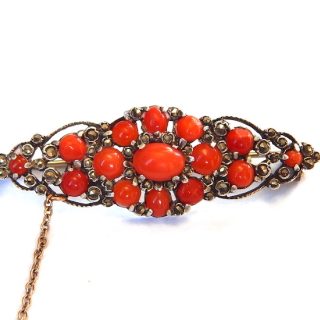 Sterling Silver Natural Coral and Marcasite Brooch