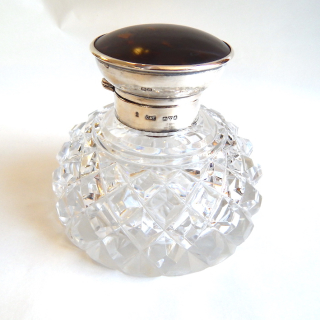 Early Sterling Silver Tortoise Shell Top Cut Glass Inkwell