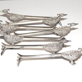 Set of Seven Sterling Silver Pheasant Knife Rests