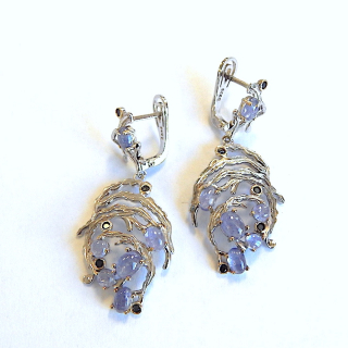 Abstract Sterling Silver Tanzanite & Sapphire Drop Earrings