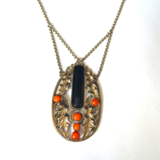 Vintage Sterling Silver Onyx and Coral Necklace