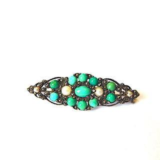 Vintage Sterling Silver Turquoise, Cultured Pearl & Marcasite Brooch