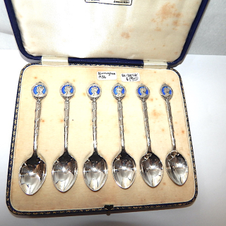 Sterling Silver Six Royal Enamel Top Spoons circa 1936