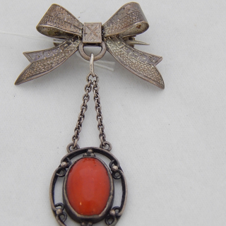 Vintage Bow and Hanging CORAL Brooch