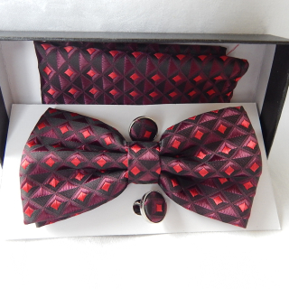 Black, Red, Maroon Bow tie, Pocket Square and Cufflink set