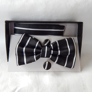 Bow Tie, Pocket Square and Cufflink set. Black with White Stripes