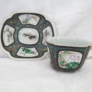 Antique Japanese Cloisonne on Porcelain Cup & Saucer