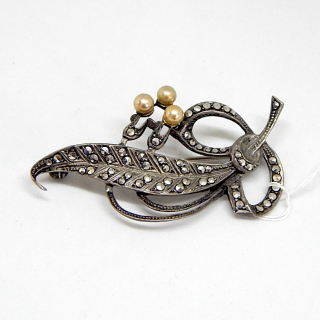 Sterling Silver, Marcasite and Imitation Pearl Brooch