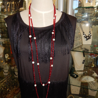 Very long RED Crystal and Fresh water pearl Necklace
